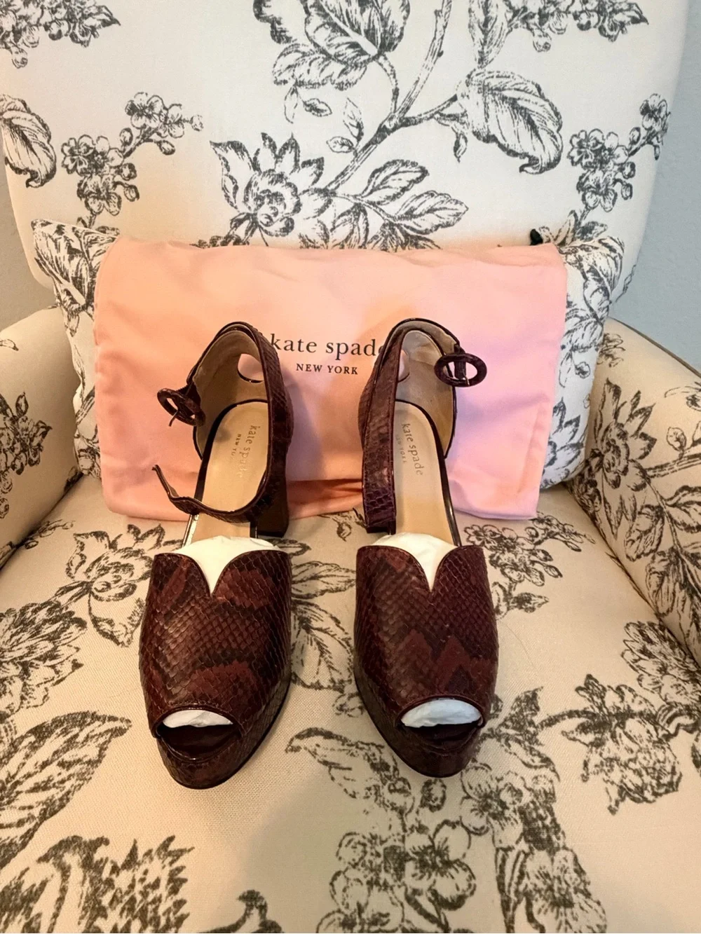 kate spade Snakeskin Peep-Toe Platform Sandals with Ankle Strap